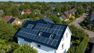 een wit huis met zonnepanelen op het dak