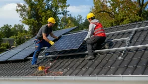 2 installateurs op het dak die zonnepanelen installeren